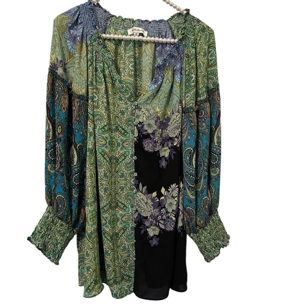 Rose and Olive Blouse Top Women's 2x Multicolor 3/4 Sleeve feminine Floral Boho
